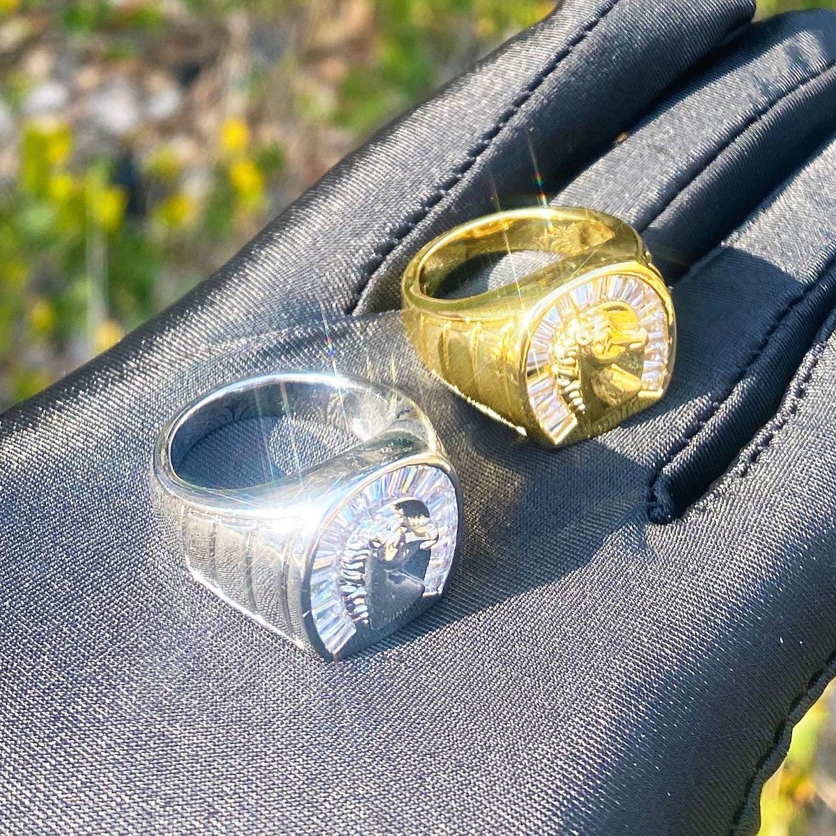 Bubble Letter Iced Out Horse Head Ring for Men Real Gold Plated Cubic Zirconia Hip Hop Jewelry
