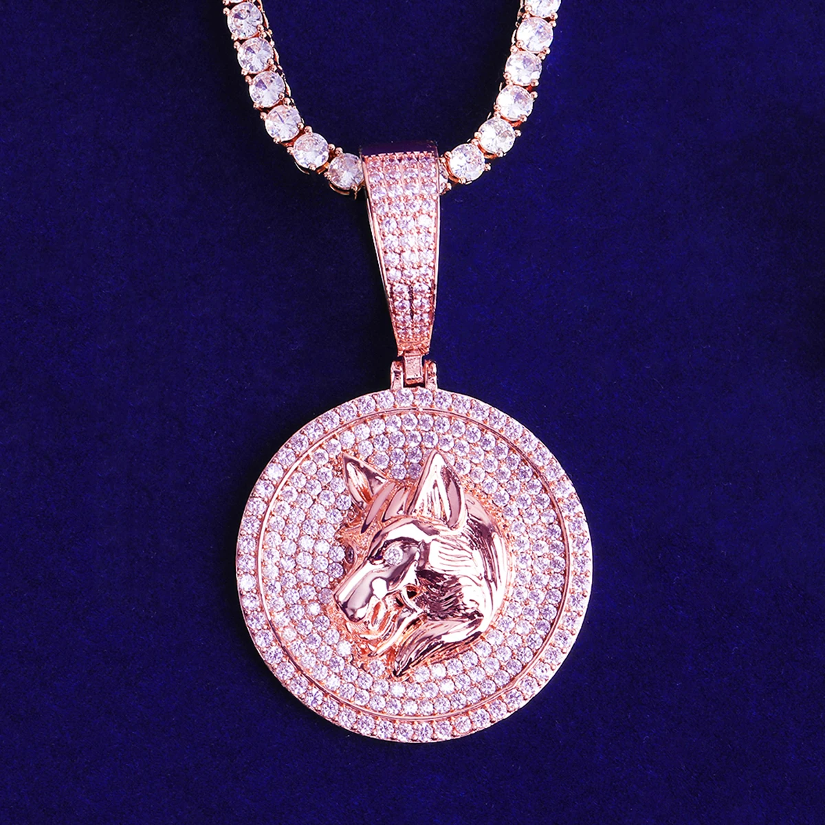 Bubble Letter Iced Out Wolf Disc Necklace Pendant for Men Real Gold Plated 5A Cubic Zirconia Hip Hop Jewelry