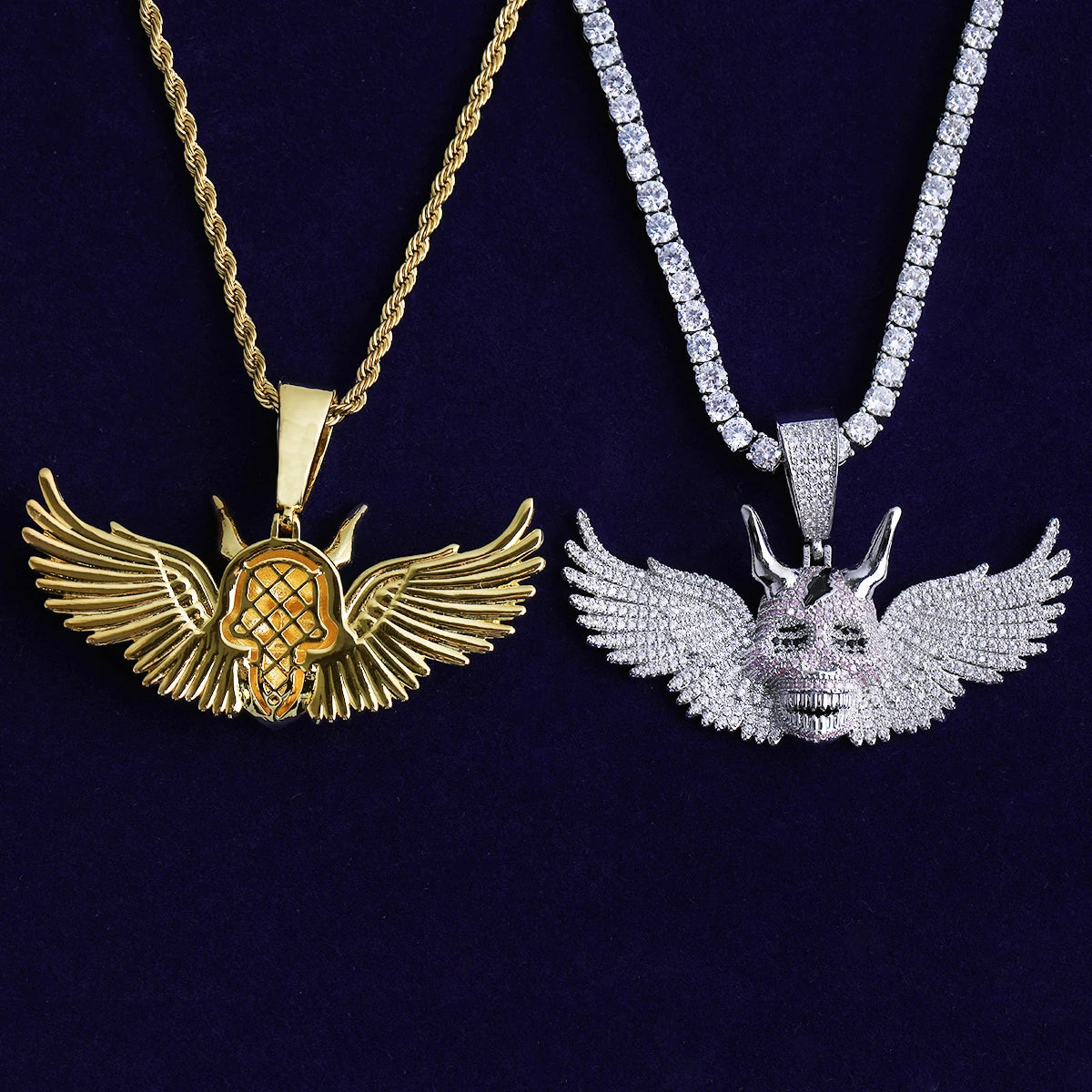 Bubble Letter Iced Out Wing Skull Necklace Pendant for Men Real Gold Plated 5A Cubic Zirconia Hip Hop Jewelry