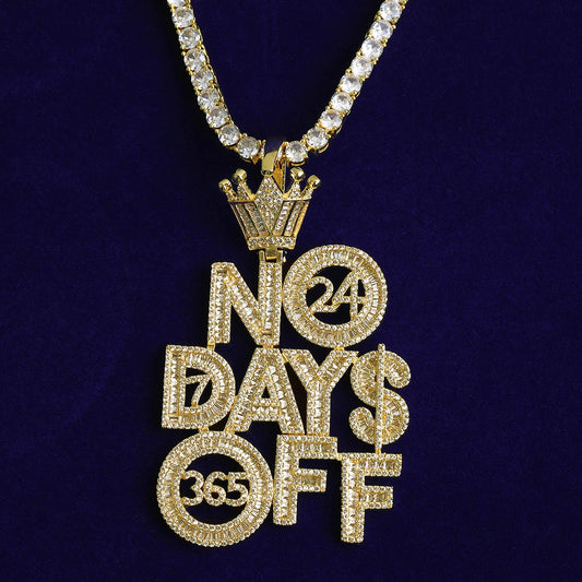 Bubble Letter Iced Out No Days Off Crown Bail Necklace Pendant for Men Prong Setting Real Gold Plated Hip Hop Jewelry