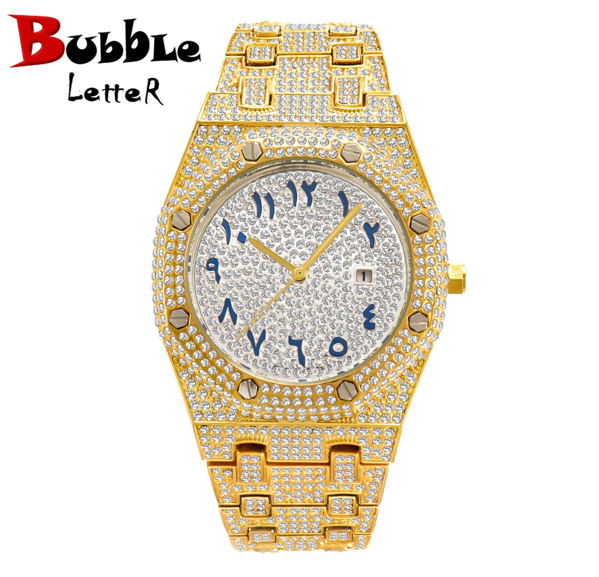 Bubble Letter BUST DOWN DATE ARABIC NUMERALS VVS ICE OUT DIAMOND WATCH