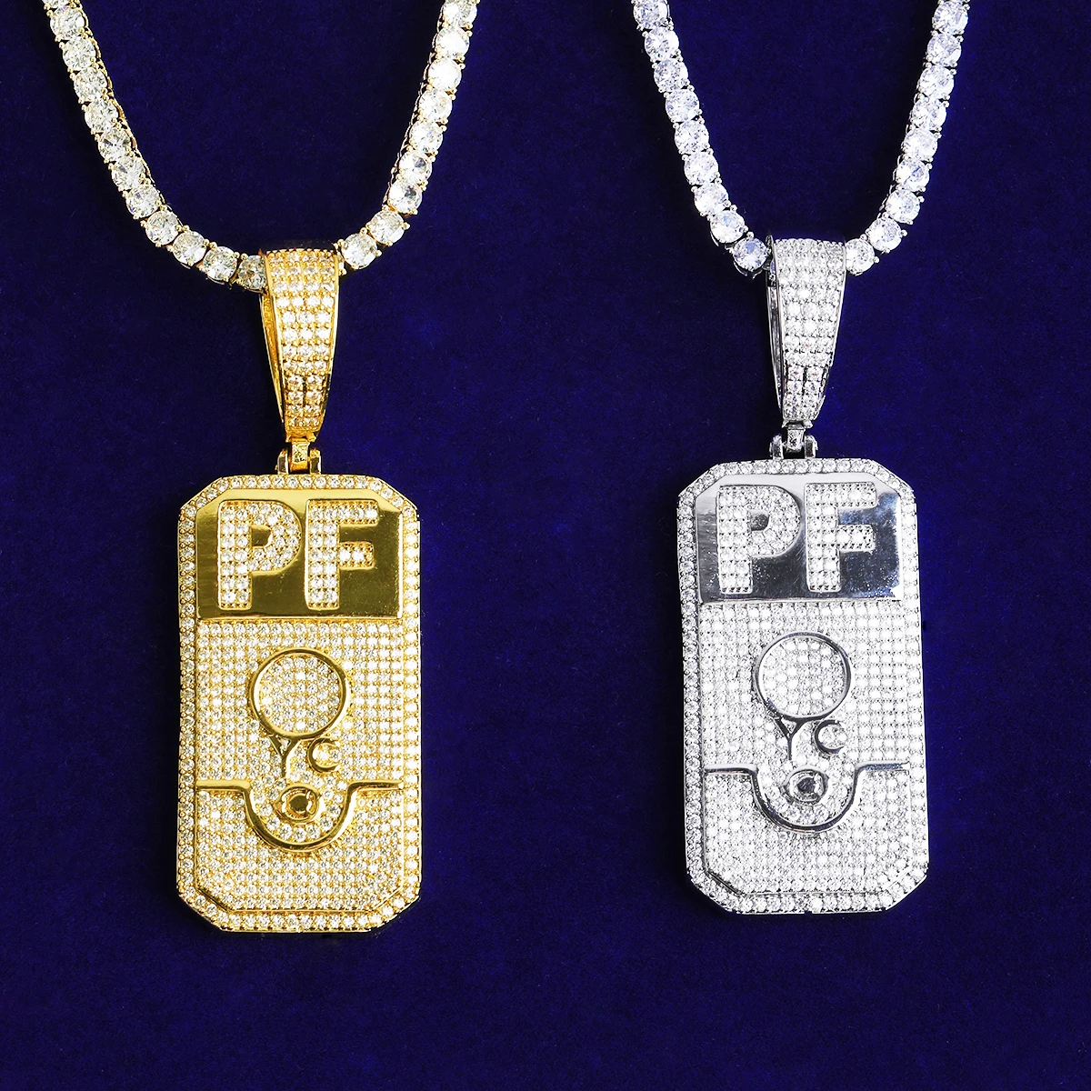 Bubble Letter Iced Out PF Dog Tag Necklace Pendant for Men 5A Cubic Zirconia Gold Plated Hip Hop Jewelry