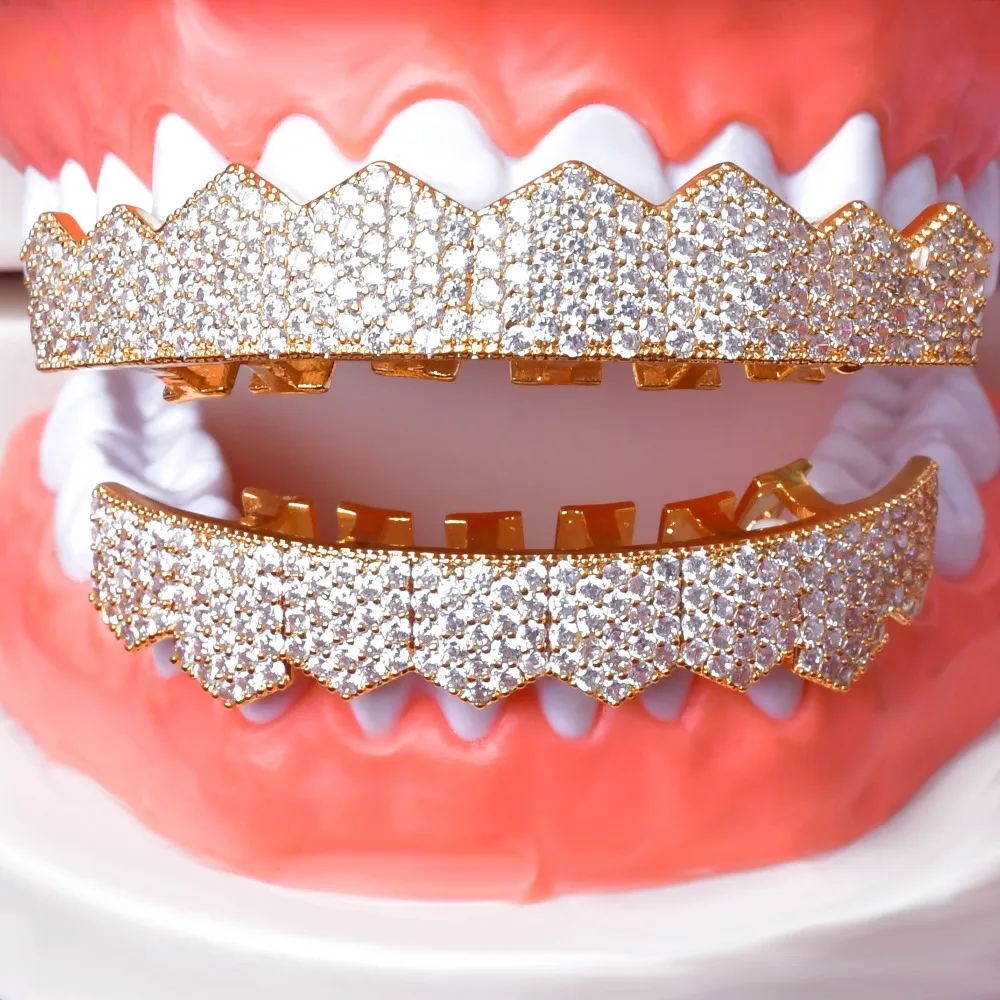 Big Hip Hop Grillz Iced Out CZ Fang Mouth teeth grills Caps Top & Bottom tooth Set Men Women Vampire Grills Fashion Jewelry