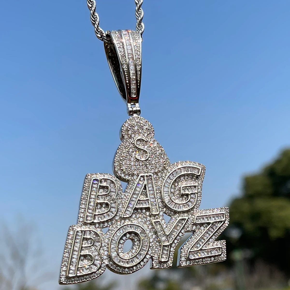 Bubble Letter Jewelry Iced Out Necklace for Men Prong Setting Charms BAG BOYZ Pendant Hip Hop Jewelry