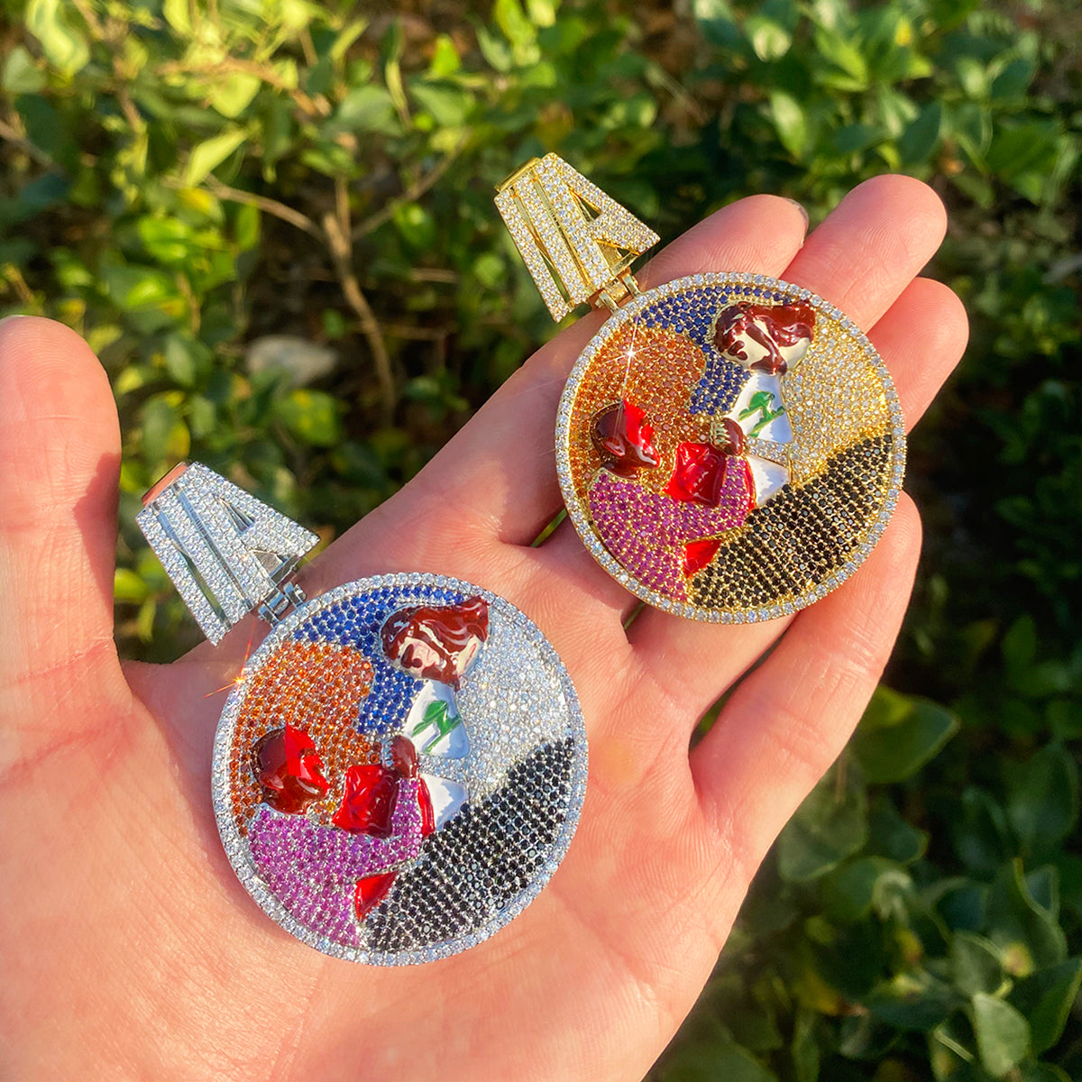 Bubble Letter Iced Out Arm Wrestling Circle Necklace Pendant for Men 5A Cubic Zirconia Hip Hop Jewelry