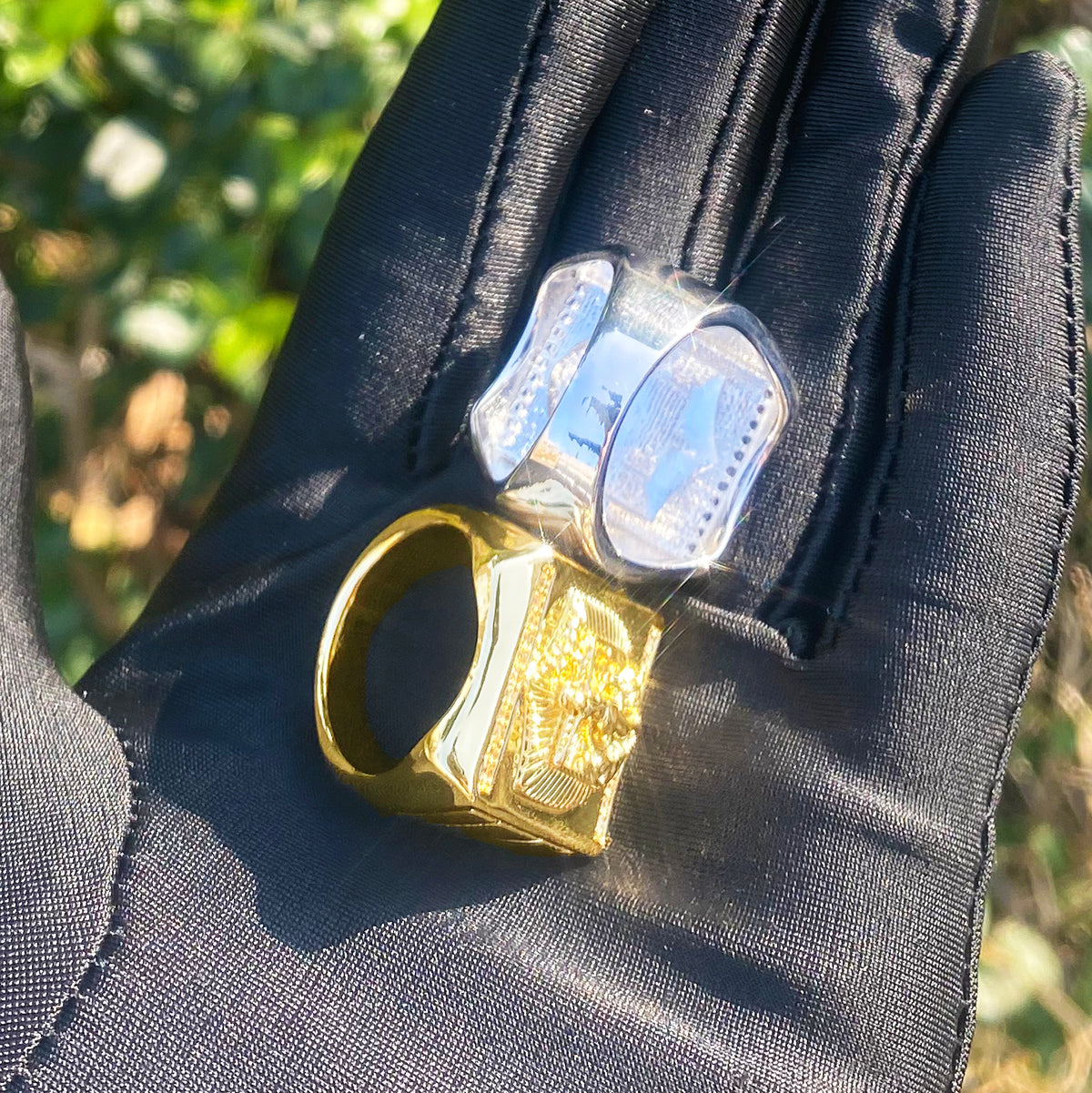 Bubble Letter Iced Out Pyramind Ring for Men Real Gold Plated Cubic Zirconia Hip Hop Jewelry