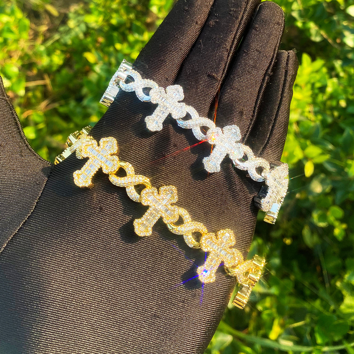 Bubble Letter Iced Out Baguette Cross Infinity Link Bracelet for Men 5A Cubic Zirconia Real Gold Plated Hip Hop Jewelry