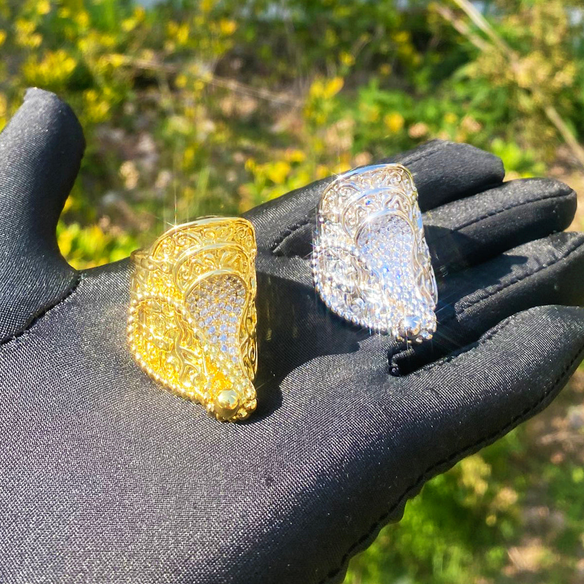Bubble Letter Iced Out Saddle Ring for Men Real Gold Plated Copper Cubic Zirconia Hip Hop Jewelry