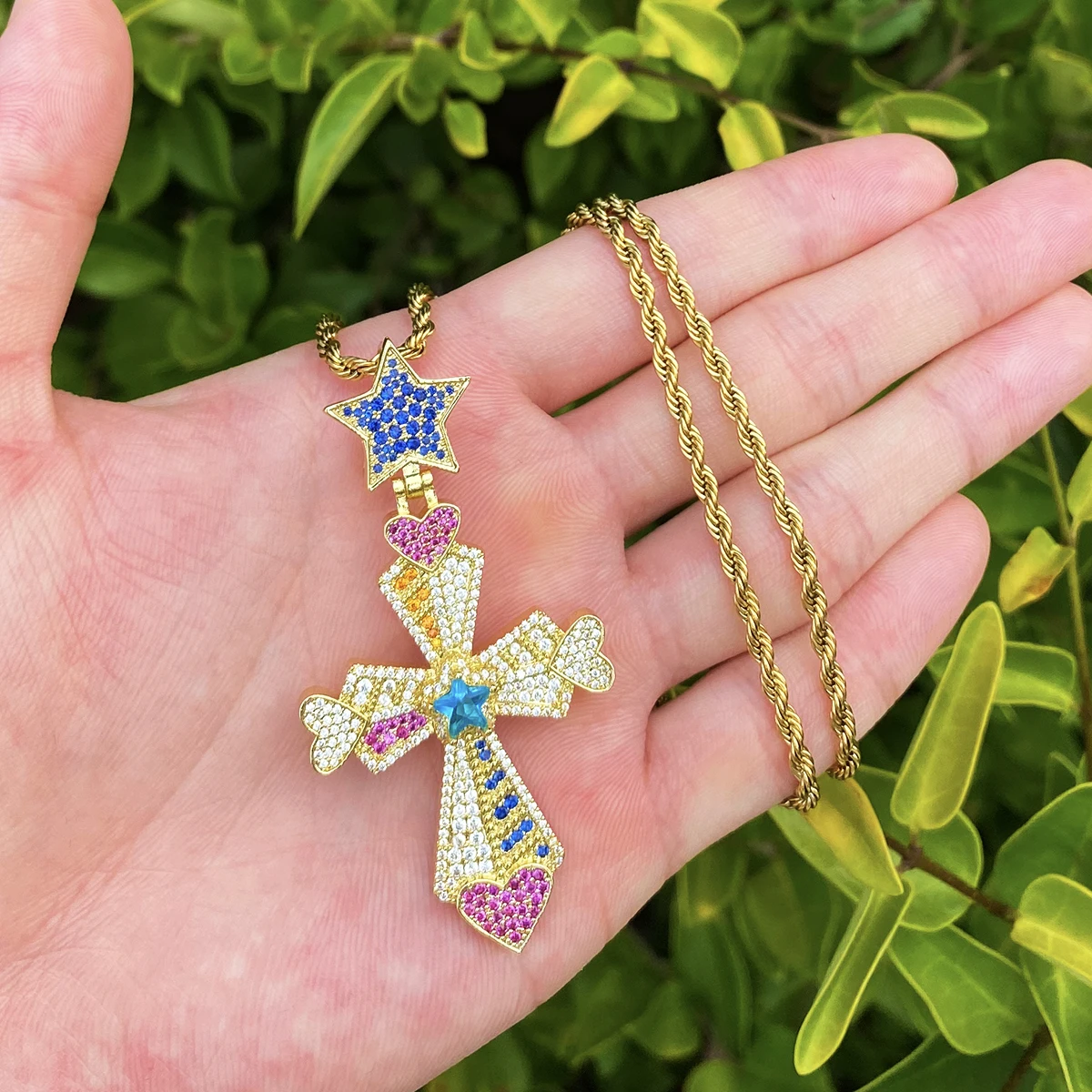 Bubble Letter Iced Out Colorful Cross Heart Arrow Star Bail Necklace Pendant Men Gold Plated 5A Cubic Zirconia Hip Hop Jewelry