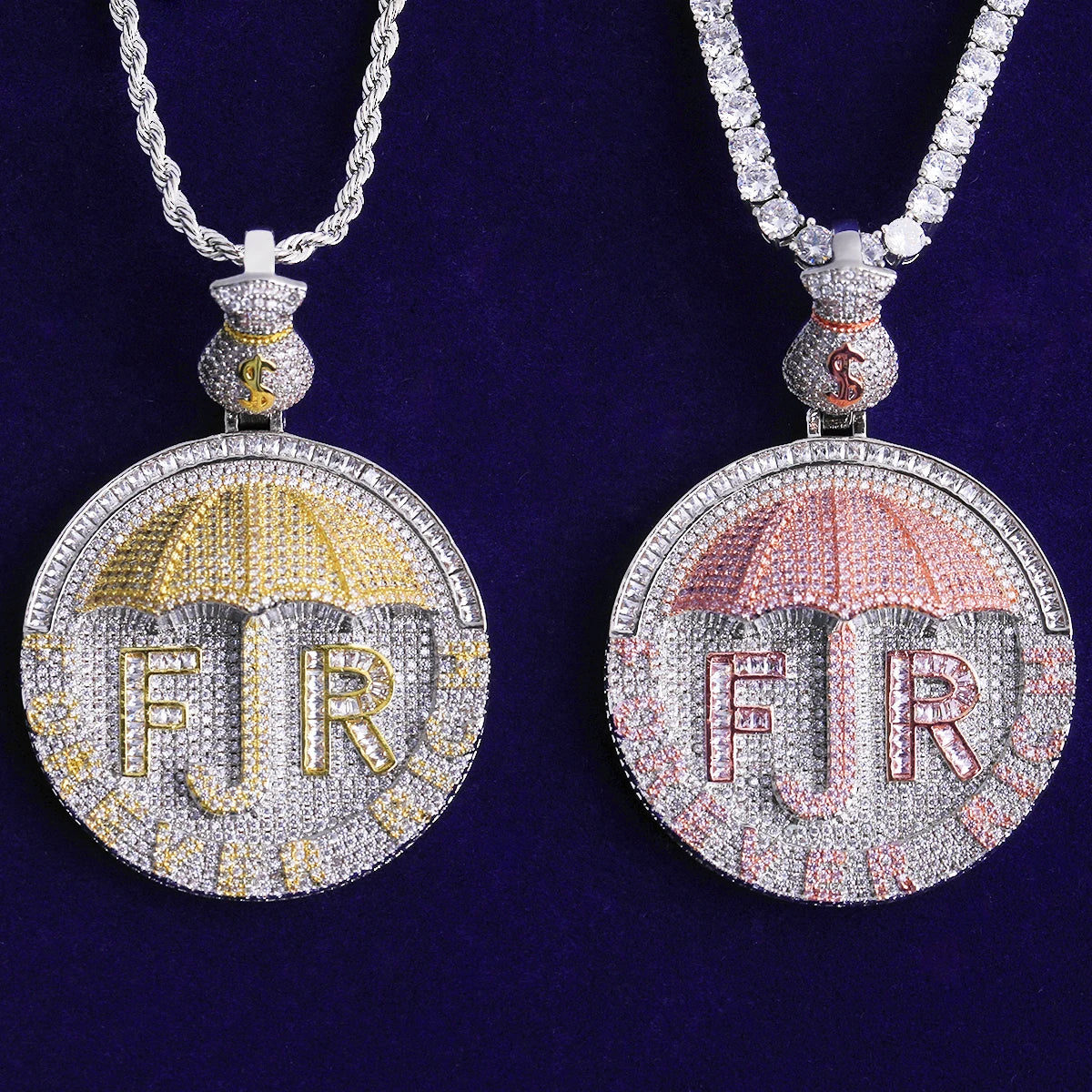 Bubble Letter Iced Out Forever Rich Umbrella ecklace Pendant for Women Real Gold Plated 5A Cubic Zirconia Hip Hop Jewelry