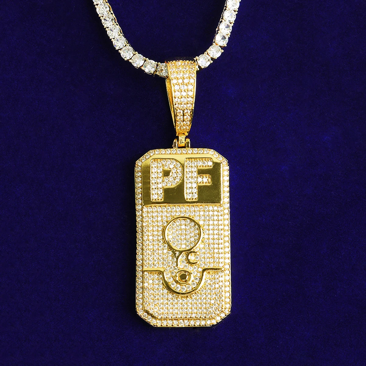 Bubble Letter Iced Out PF Dog Tag Necklace Pendant for Men 5A Cubic Zirconia Gold Plated Hip Hop Jewelry