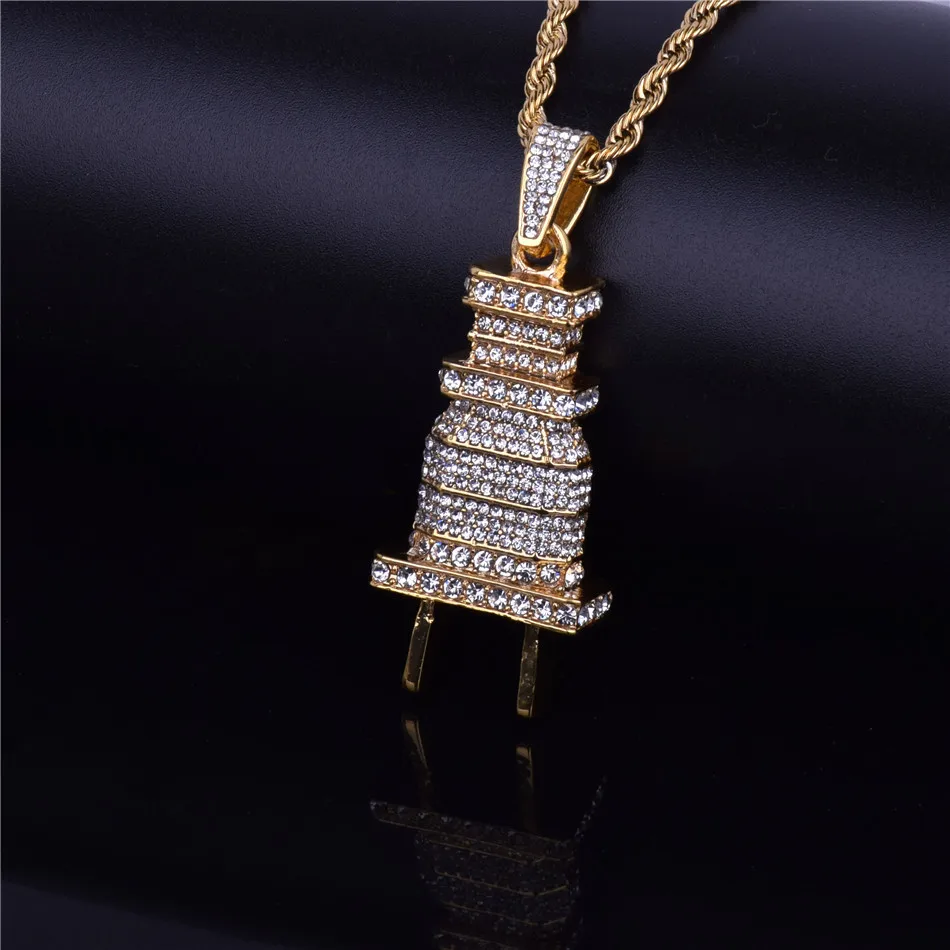 Bubble Letter Men's Iced Bling Plug Pendant Necklace Gold Color Charms Micro Pave Full Rhinestone Hip Hop Jewelry