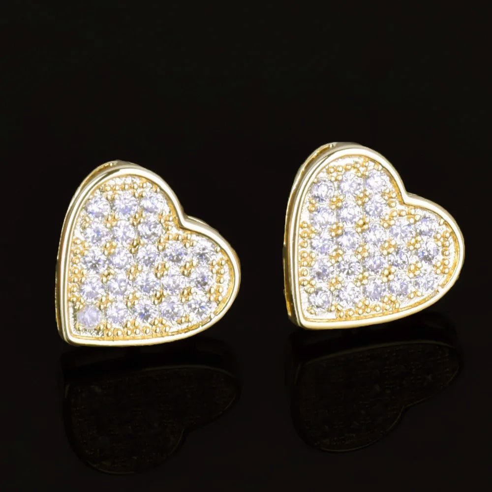 Bule lettebbr 14MM Width Heart-shaped Gold Color Stud Earring For Men Women Full Cubic Zircon Screw Back Earrings Fashion Hip Hop Jewelry Gift