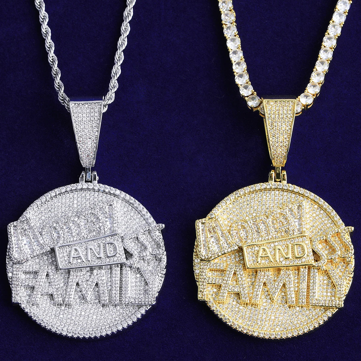 Bubble Letter Iced Out Money and Family Necklace Pendant for Men Real Gold Plated 5A Cubic Zirconia Hip Hop Jewelry