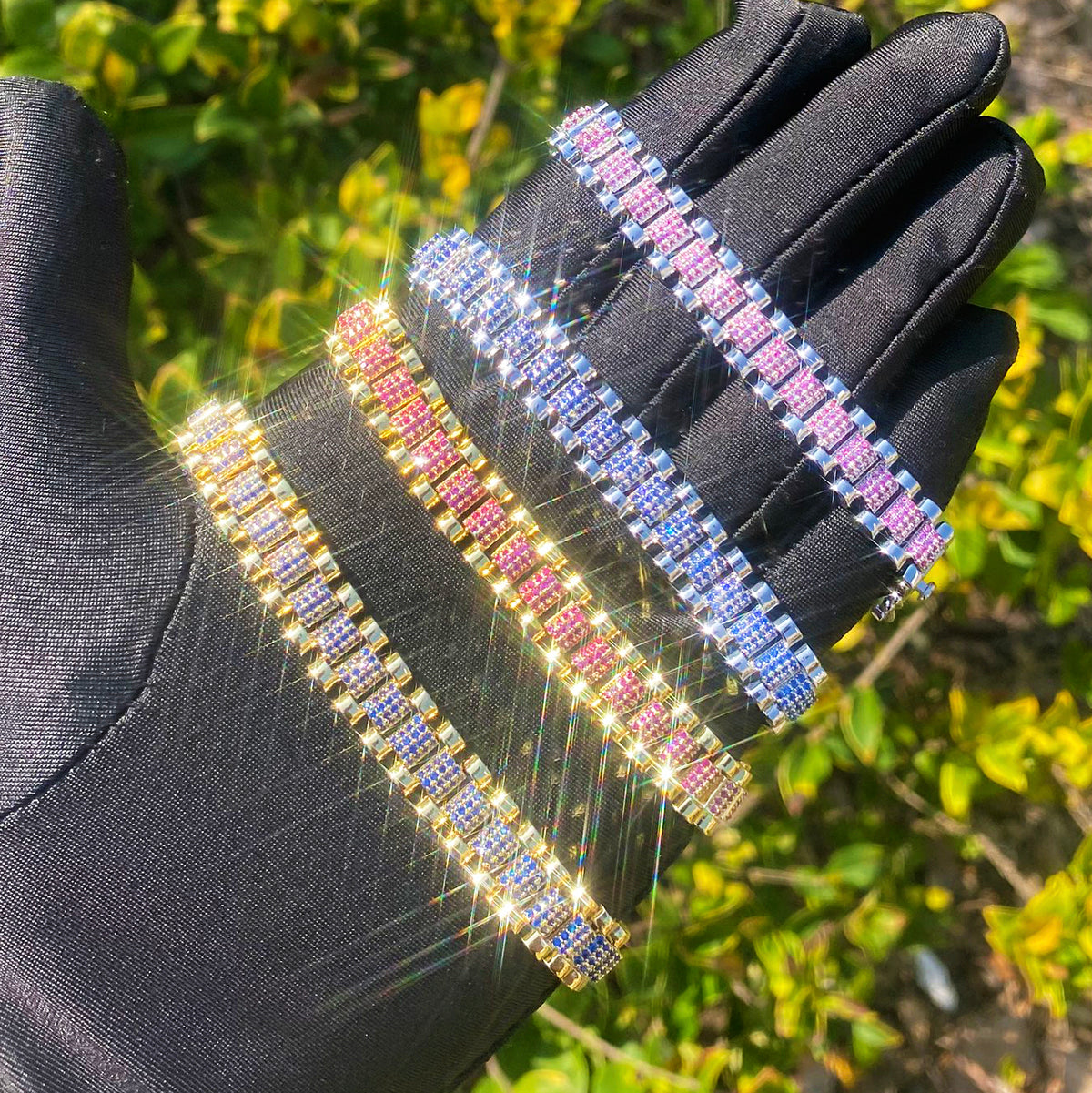 Bubble Letter Iced Out Silver Watch Belt Link Bracelet for Men Real Gold Plated Cubic Zirconia Hip Hop Jewelry