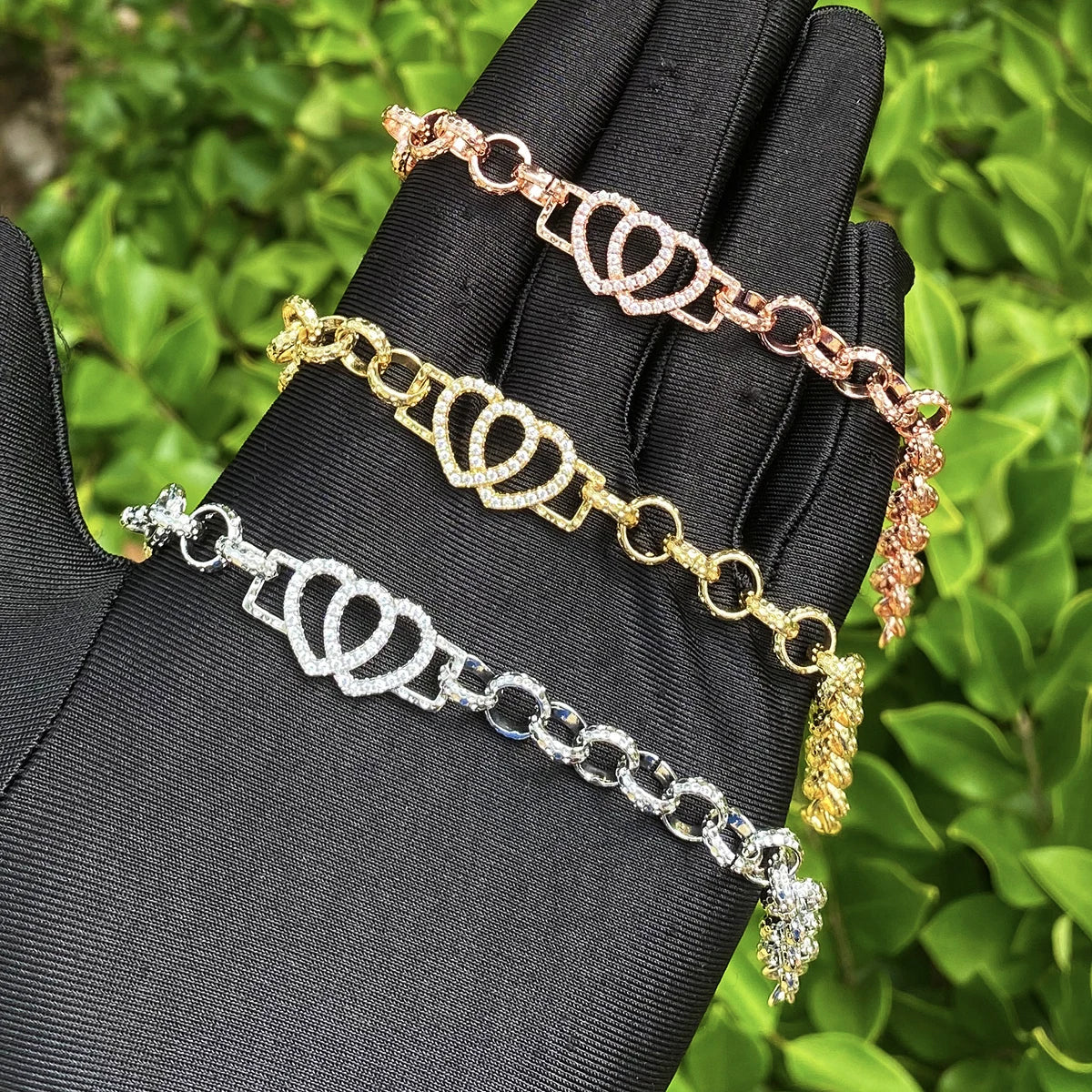 Bubble Letter Belcher Link Two Hearts Bracelet for Women Real Gold Plated Hip Hop Jewelry