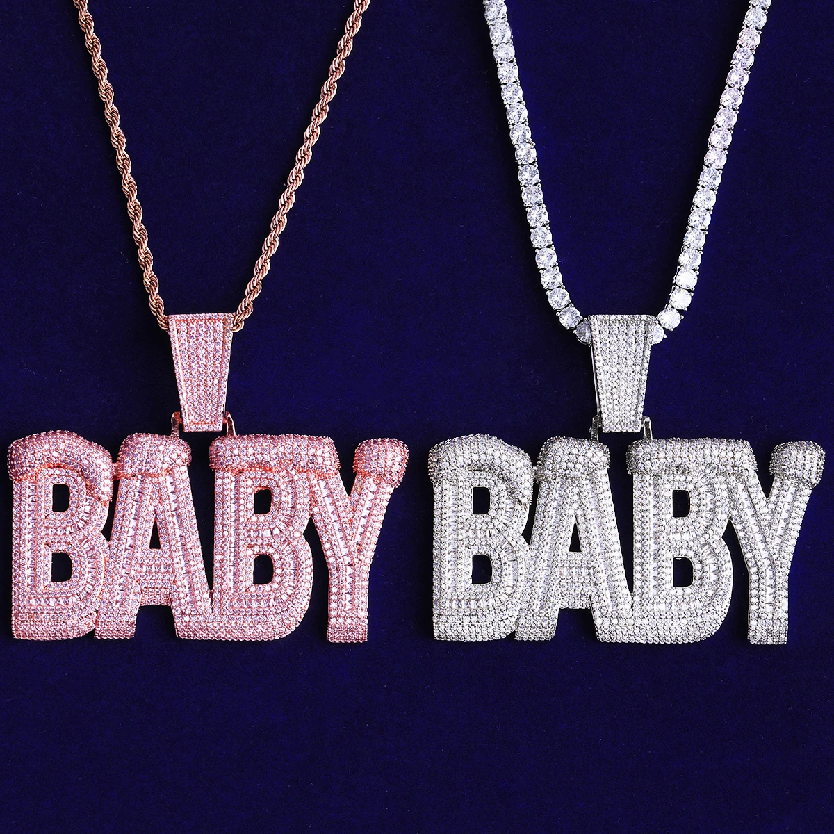 Bubble Letter Iced Out Baby Necklace Pendant for Men 5A Cubic Zirconia Prong Setting Hip Hop Jewelry