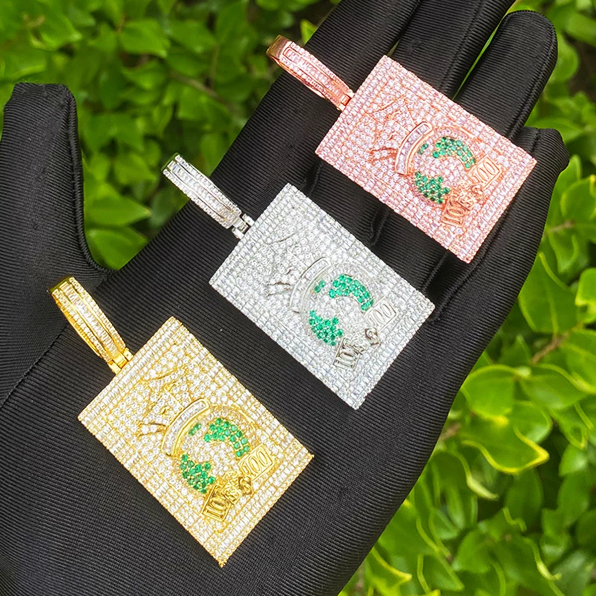 Bubble Letter Iced Out Bling Paved Dollar Dog Tag Necklace Pendant for Men 5A Cubic Zirconia Gold Plated Hip Hop Jewelry