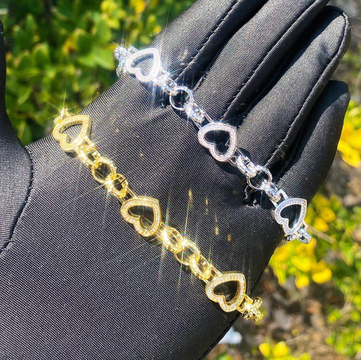 Bubble Letter Iced Out Hollow Heart Belcher Link Bracelet for Women Real Gold Plated Hip Hop Jewelry