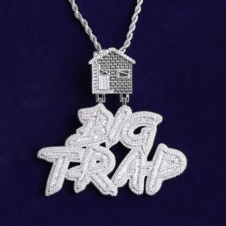 Bubble Letter Iced Out Big Trap House Bail Necklace Pendant for Men Real Gold Plated 5A Cubic Zirconia Hip Hop Jewelry