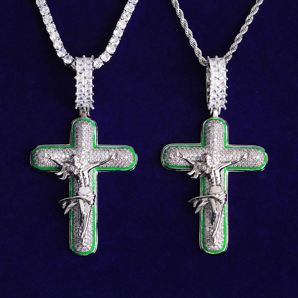 Bubble Letter Iced Out Green Cross Jesus Necklace Pendant for Men 5A Cubic Zirconia Gold Plated Hip Hop Jewelry