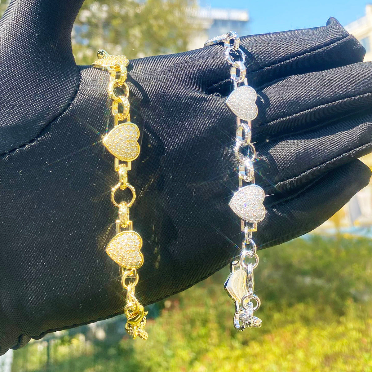 Bubble Letter Belcher Heart Link Bracelet for Men Real Gold Plated Copper Cubic Zirconia Hip Hop Jewelry