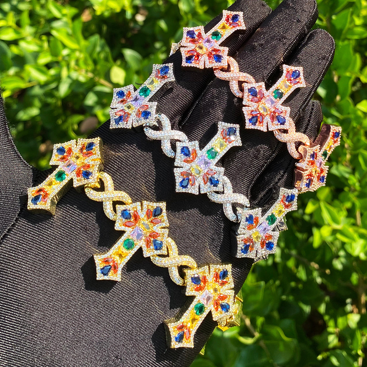 Bubble Letter Iced Out Colorful Cross Link Bracelet for Men 5A Cubic Zirconia Prong Setting Hip Hop Jewelry