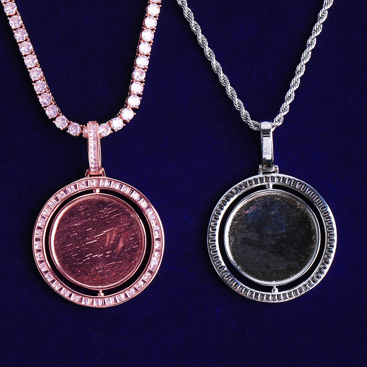 Bubble Letter Baguette Rotating Customized Photo Necklace Pendant for Men Real Gold Plated 5A Cubic Zirconia Hip Hop Jewelry