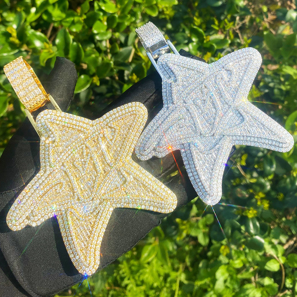 Bubble Letter Iced Out Super Big Star Necklace Pendant for Men Real Gold Plated Cubic Zirconia Hip Hop Jewelry