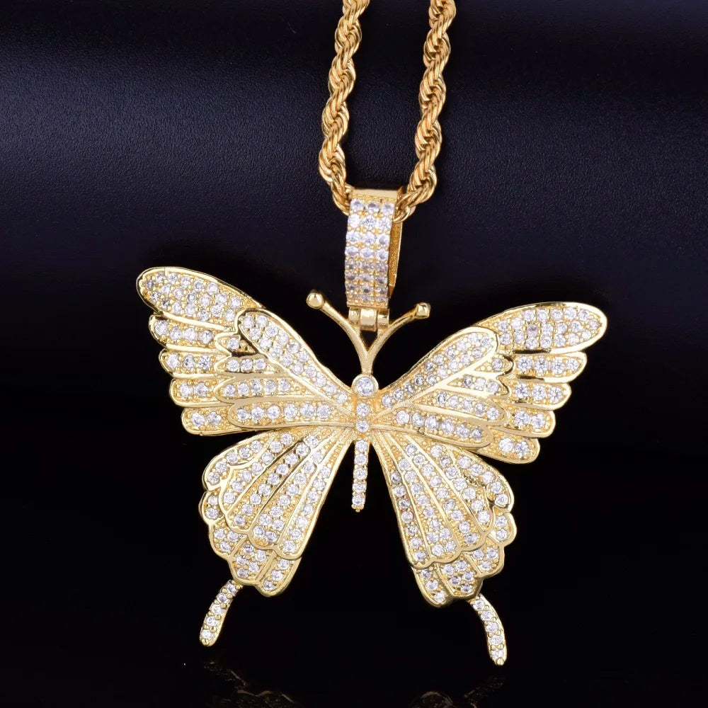 Bubble Letter Animal Butterfly Necklace & Pendant Iced Out Gold Color AAA Cubic Zircon Men's Women Hip Hop Rock Jewelry