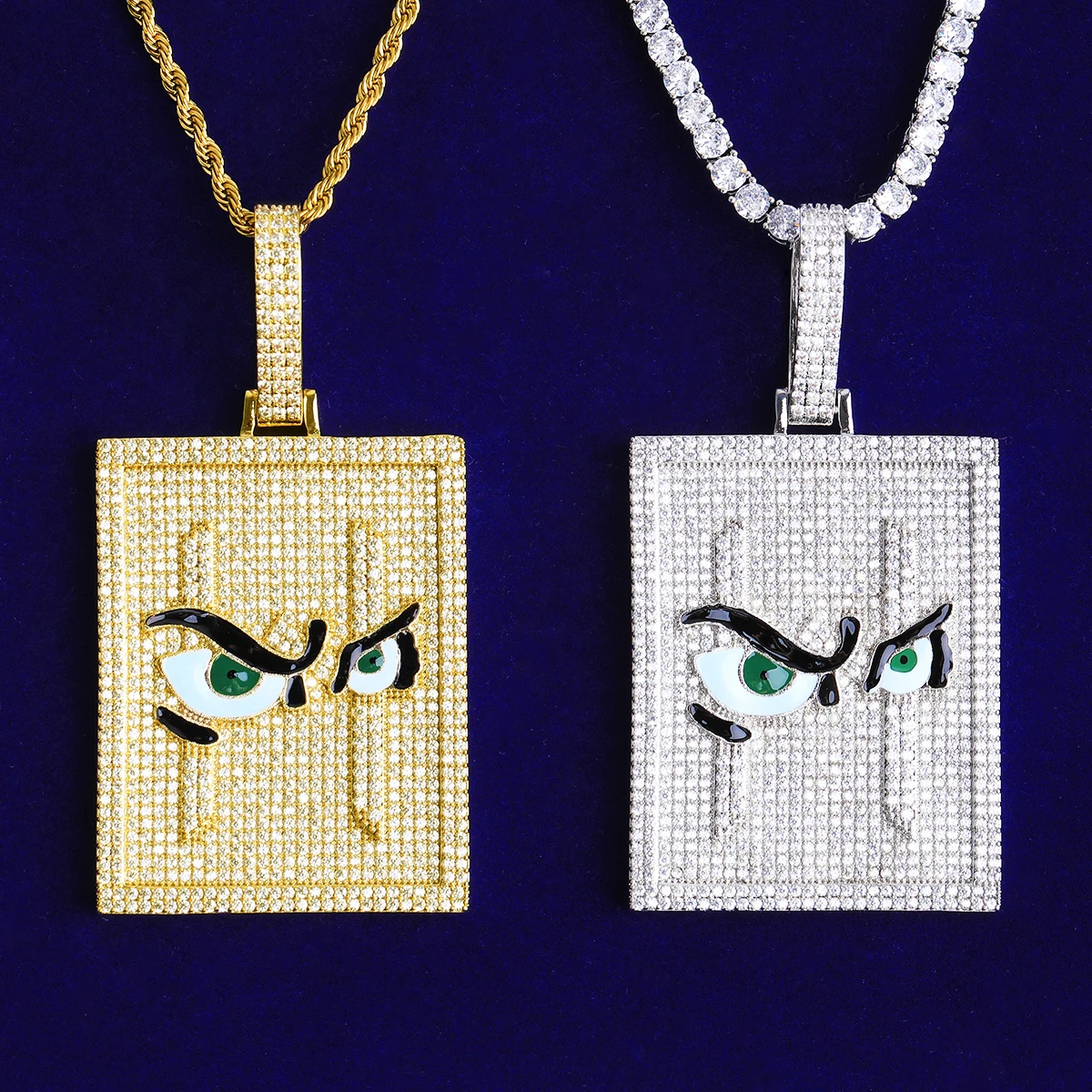 Bubble Letter Iced Out Bird Eye Dog Tag Necklace Pendant for Men Real Gold Plated 5A Cubic Zirconia Hip Hop Jewelry