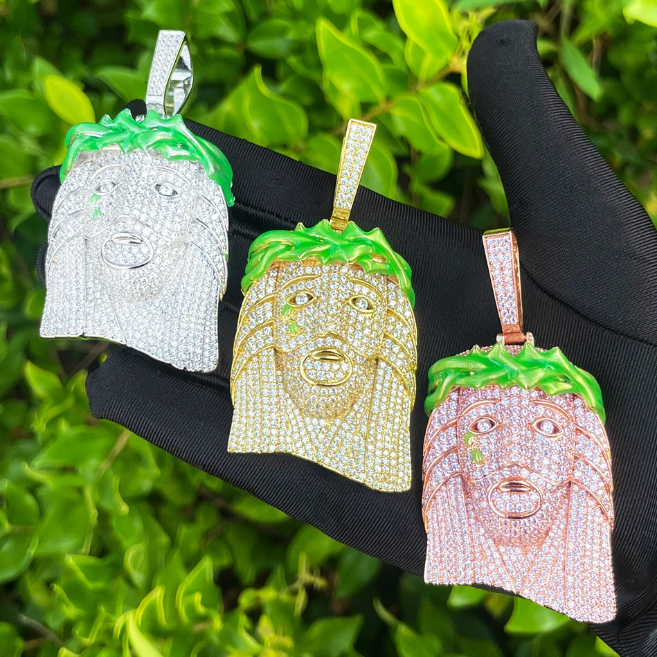 Bubble Letter Iced Out Green Jesus Necklace Pendant for Men 5A Cubic Zirconia Gold Plated Hip Hop Jewelry