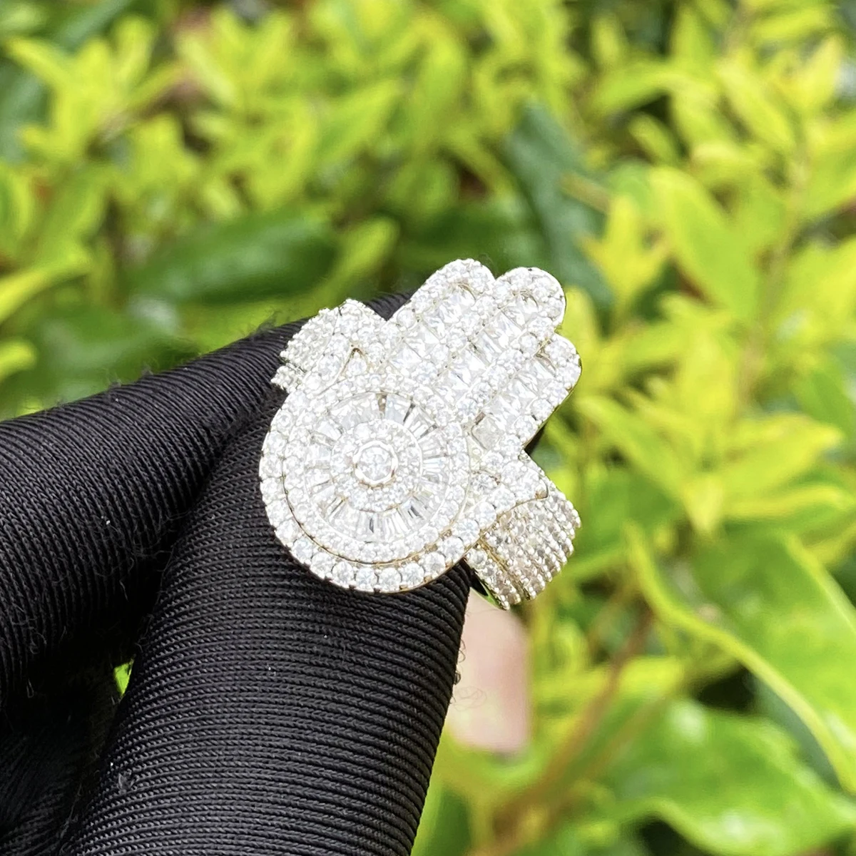 Bubble Letter Iced Out Hamsa Hand Ring for Men Real Gold Plated Cubic Zirconia Hip Hop Jewelry