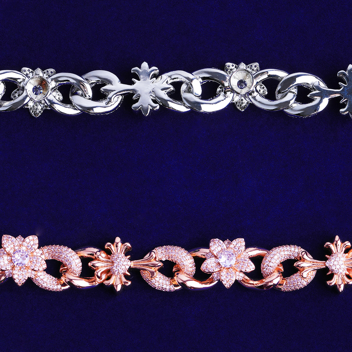 Bubble Letter Iced Out Cross Flower Link Bracelet for Men Real Copper Gold Plated Hip Hop Jewelry