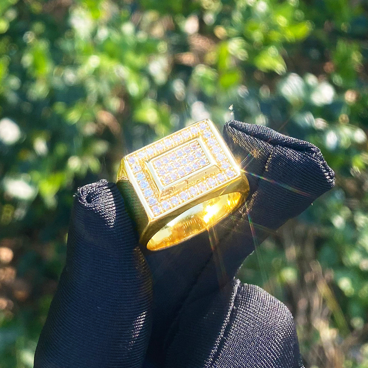 Bubble Letter Iced Out Double Rectangle Ring for Men Real Gold Plated Cubic Zirconia Hip Hop Jewelry
