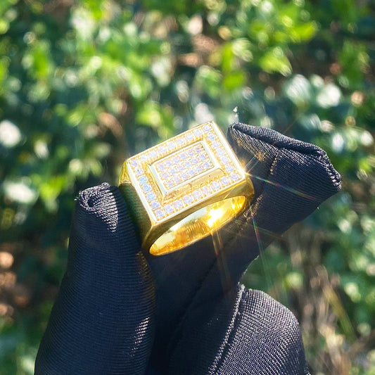 Bubble Letter Iced Out Double Rectangle Ring for Men Real Gold Plated Cubic Zirconia Hip Hop Jewelry