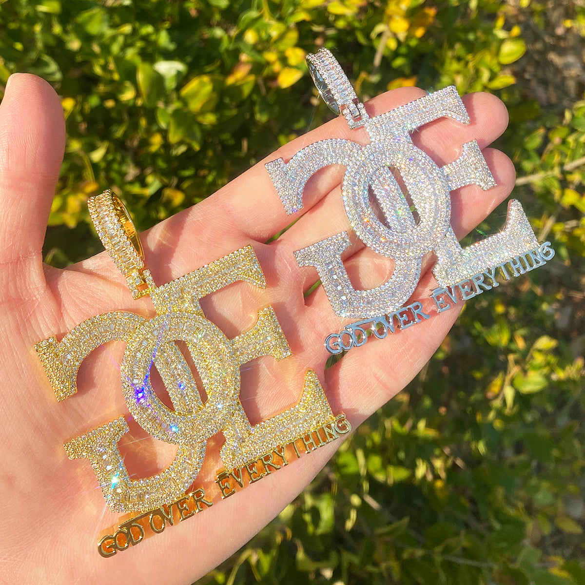 Bubble Letter Iced Out Backside God Over Everything Necklace Pendant for Men Real Gold Plated 5A Cubic Zirconia Hip Hop Jewelry