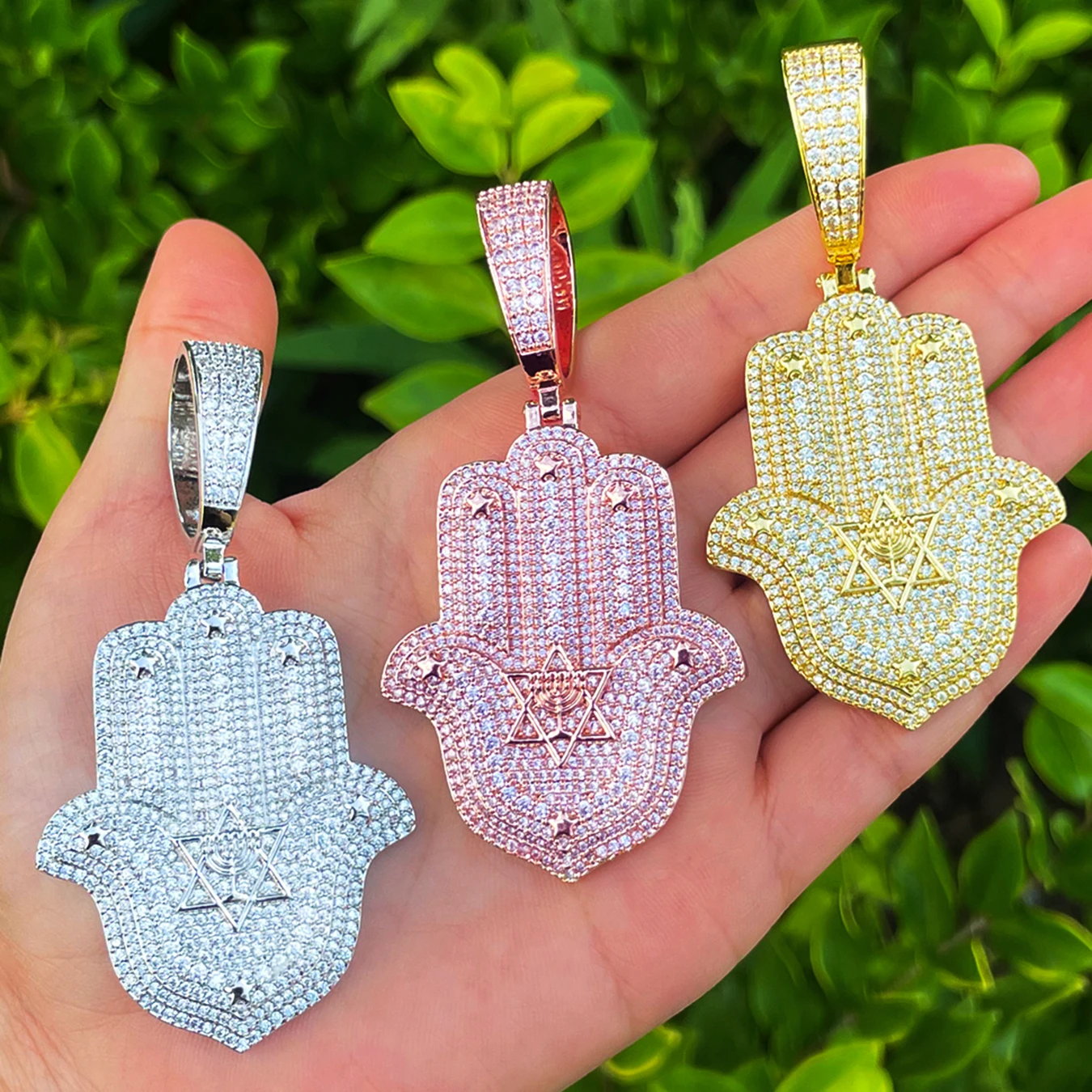Bubble Letter Iced Out Halma Hand David of Star Necklace Pendant for Men Real Gold Plated 5A Cubic Zirconia Hip Hop Jewelry