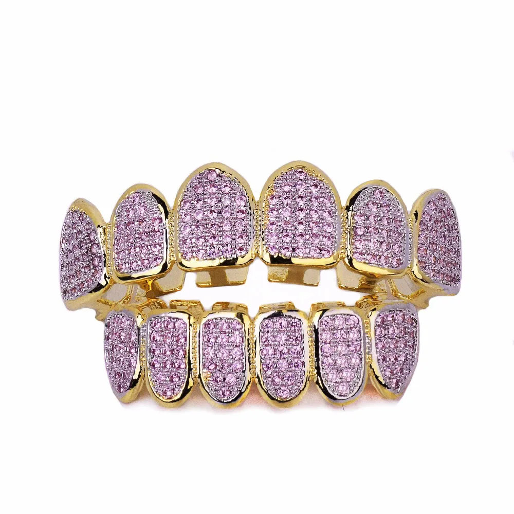 Hip Hop teeth Grillz Iced Out AAA Pink Color Zircon Fang Mouth Teeth Caps Top & Bottom Tooth Set Men Women Grills Jewelry