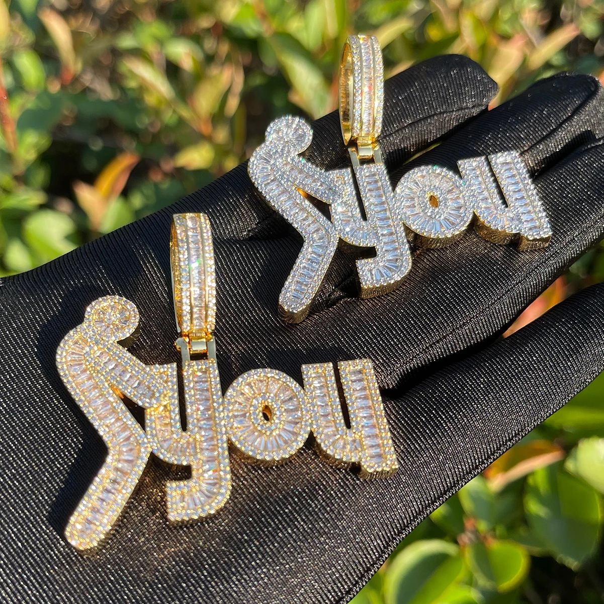 Bubble Letter Iced Out Necklace for Men Baguette Prong Setting Pendants Real Copper Cubic Zirconia Hip Hop Jewelry