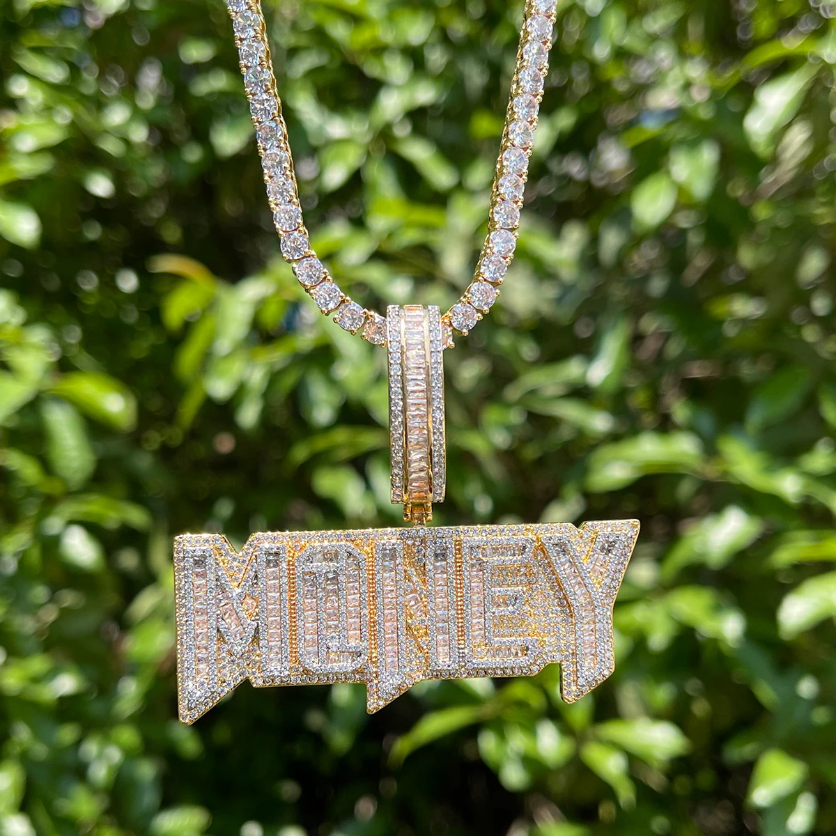 Bubble Letter Money Necklace for Men Iced Out Pendant Real Gold Plated Cubic Zirconia Hip Hop Jewelry