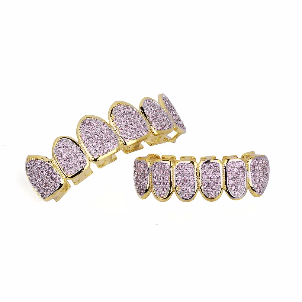 Hip Hop teeth Grillz Iced Out AAA Pink Color Zircon Fang Mouth Teeth Caps Top & Bottom Tooth Set Men Women Grills Jewelry