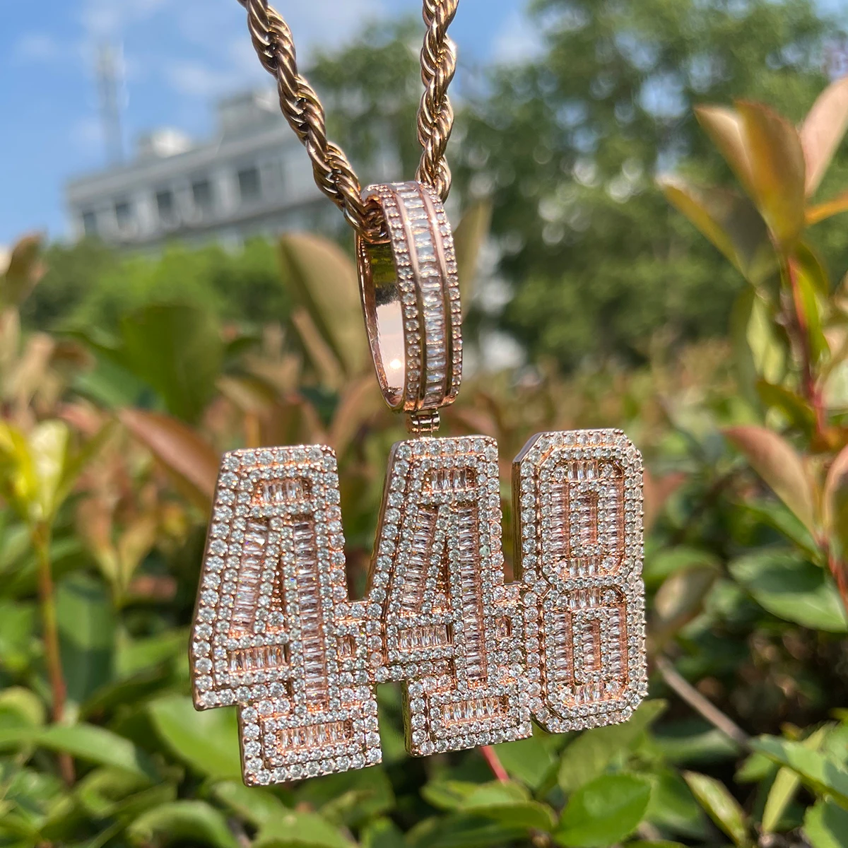 Bubble Letter Iced Out Necklace for Men Number 448 Pendant Baguette Real Gold Plated Hip Hop Jewelry