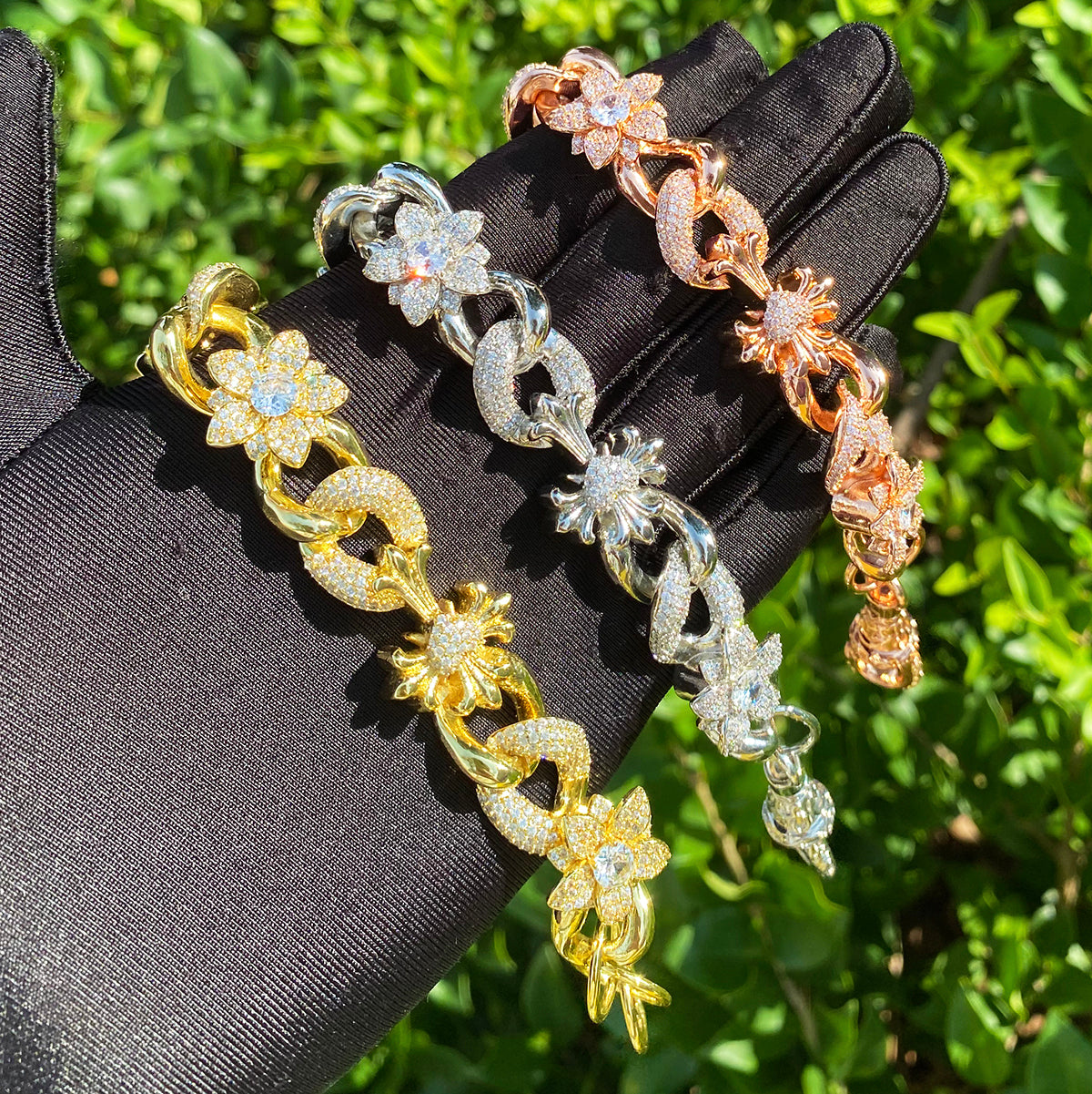 Bubble Letter Iced Out Cross Flower Link Bracelet for Men Real Copper Gold Plated Hip Hop Jewelry