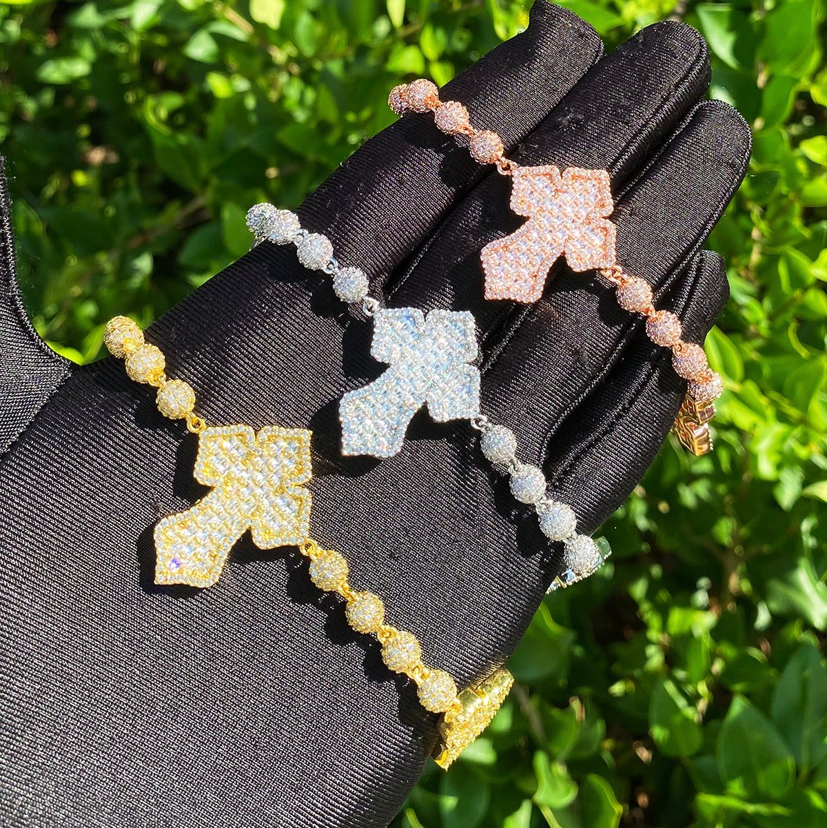 Bubble Letter Iced Out Beads Cross Bracelet for Men 5A Cubic Zirconia Hip Hop Jewelry