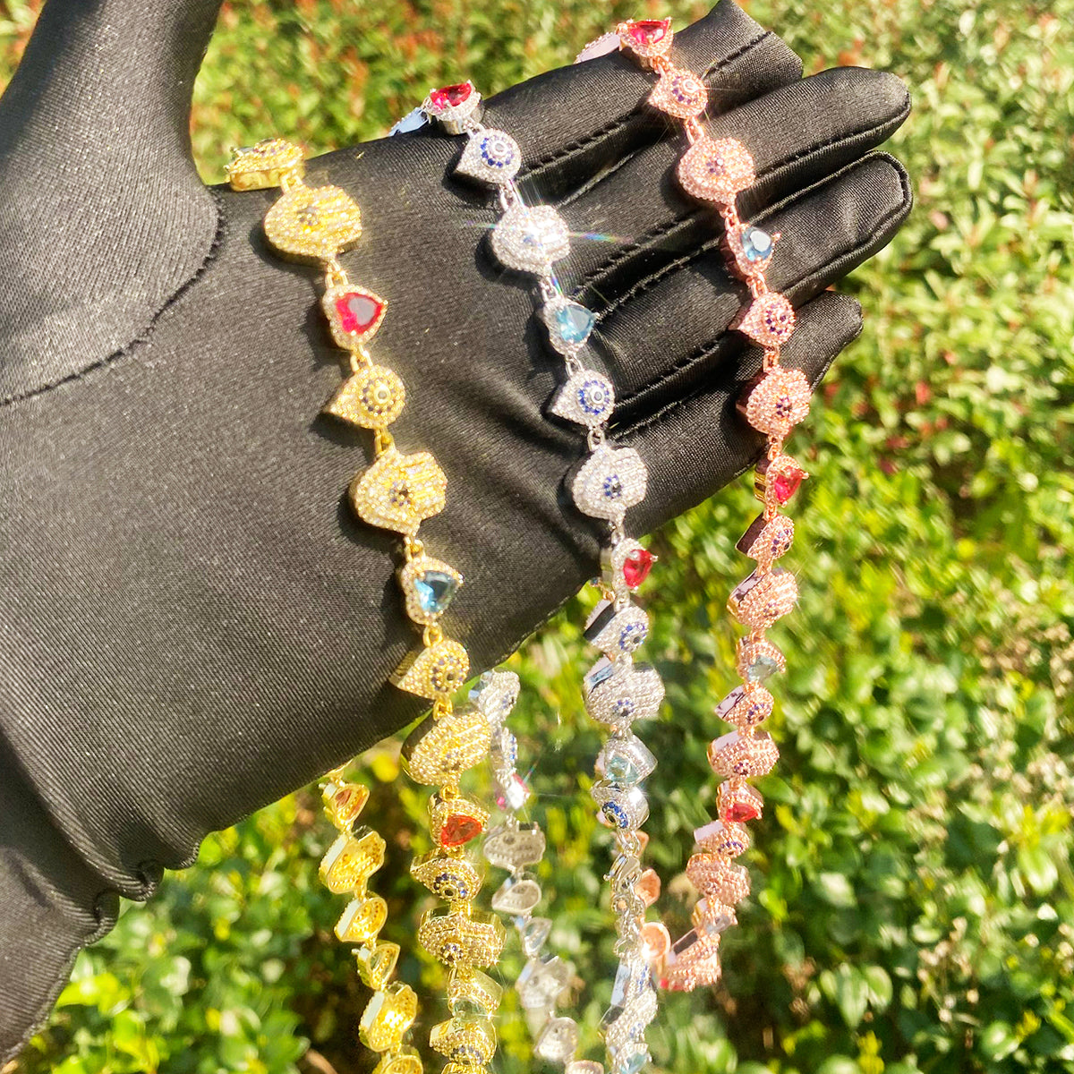 Bubble Letter Iced Out Hand Heart Drop Chain Necklace for Men Real Gold Plated Copper Cubic Zirconia Hip Hop Jewelry