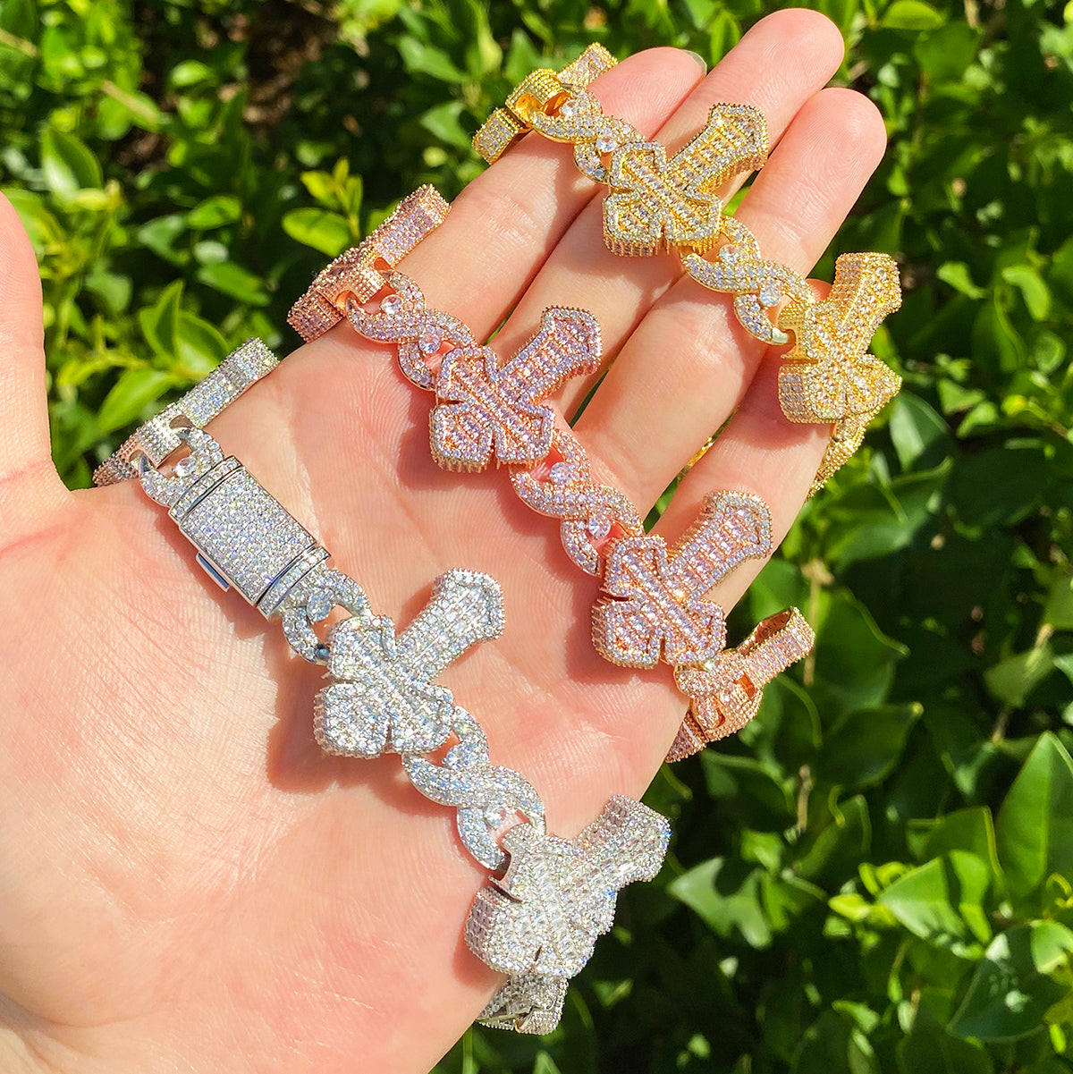 Bubble Letter Iced Out Cross Infinity Bracelet for Men 5A Cubic Zirconia Gold Plated Hip Hop Jewelry