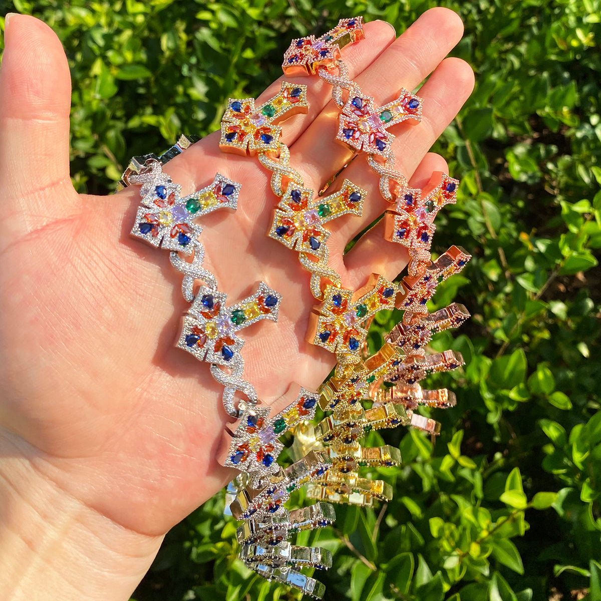Bubble Letter Iced Out Colorful Cross Link Chain for Men Necklace Choker Prong Setting Hip Hop Jewelry