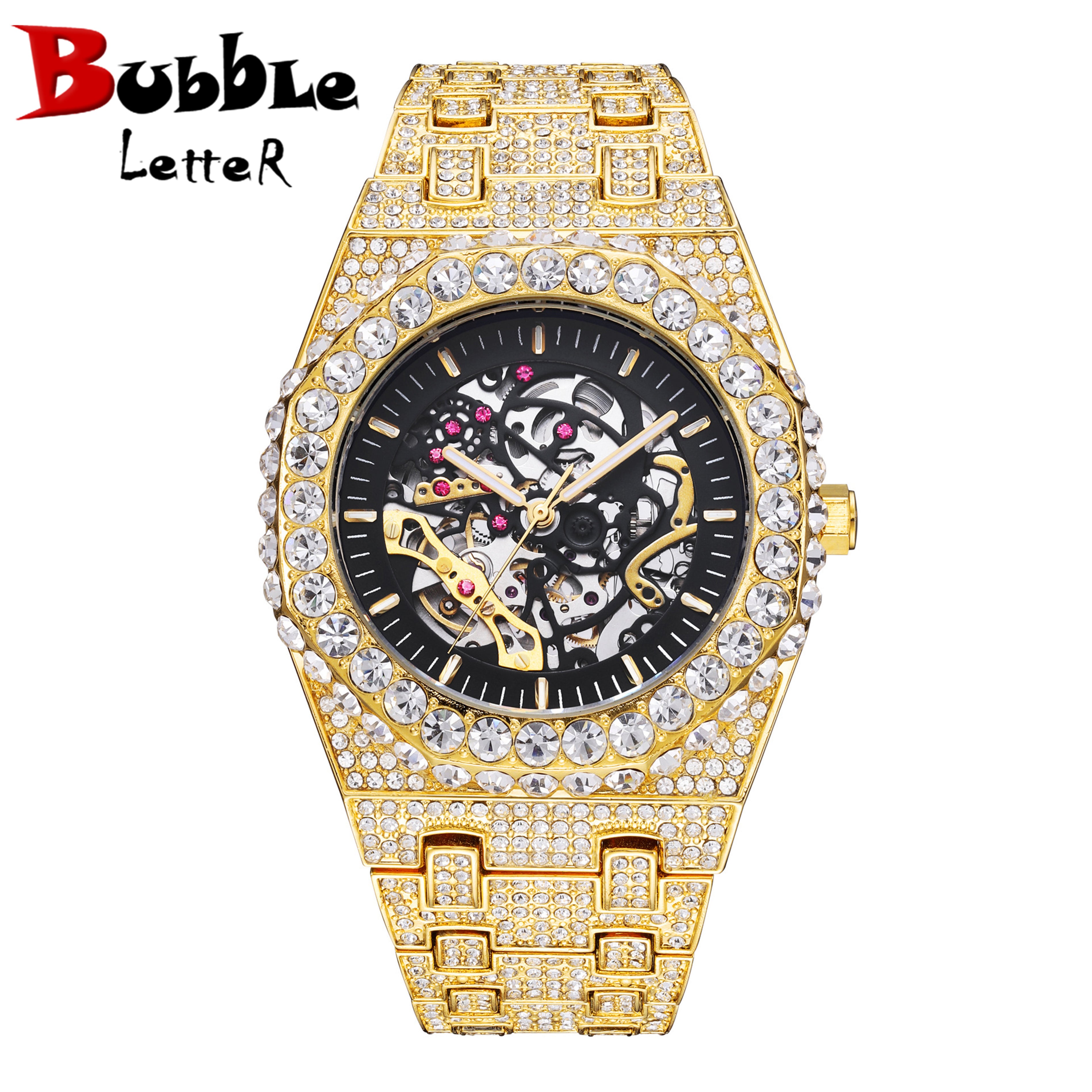 Bubble Letter SELF-WIND MECHANICAL SKELETON ICED OUT DIAMOND WATCH