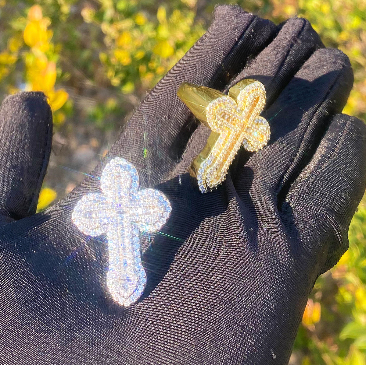 Bubble Letter Iced Out Baguette Cross Ring for Men 5A Cubic Zirconia Real Gold Plated Hip Hop Jewelry